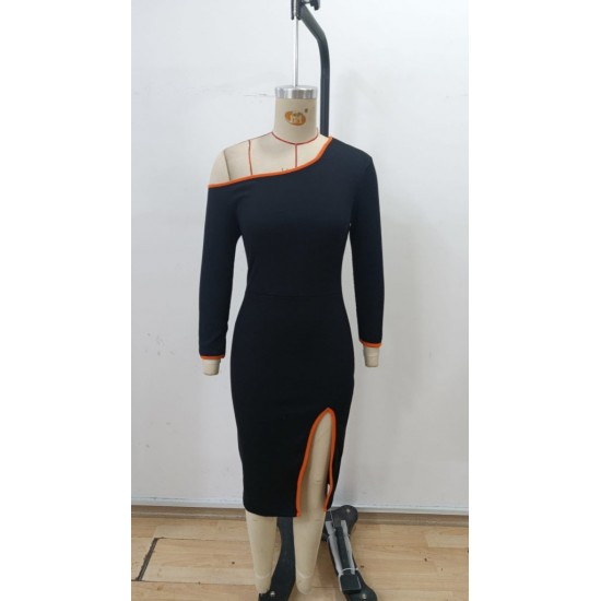 Kadın Uzun Kollu Tek Omuzu Açık Yandan Yırtmaçlı Midi Kaşkorse Elbise , 30293