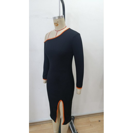 Kadın Uzun Kollu Tek Omuzu Açık Yandan Yırtmaçlı Midi Kaşkorse Elbise , 30293