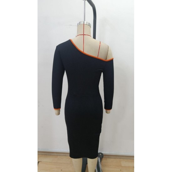 Kadın Uzun Kollu Tek Omuzu Açık Yandan Yırtmaçlı Midi Kaşkorse Elbise , 30293