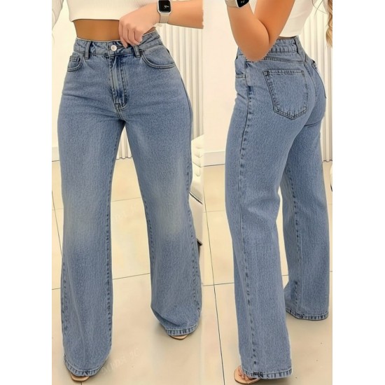 Kadın Yüksek Bel Cepli Paçaya Doğru Geniş Kot Pantolon , 30307