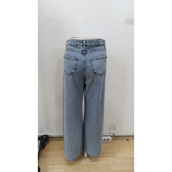 Kadın Yüksek Bel Cepli Paçaya Doğru Geniş Kot Pantolon , 30307