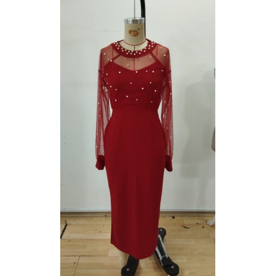 Kadın Uzun Kollu Halka Yaka Tül Inci Detaylı Uzun Ithal Krep Elbise , 30321