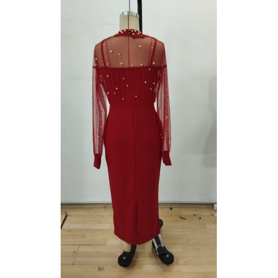 Kadın Uzun Kollu Halka Yaka Tül Inci Detaylı Uzun Ithal Krep Elbise , 30321