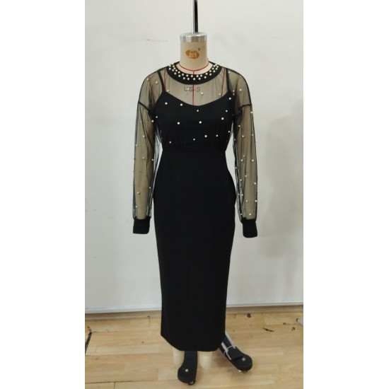 Kadın Uzun Kollu Halka Yaka Tül Inci Detaylı Uzun Ithal Krep Elbise , 30320