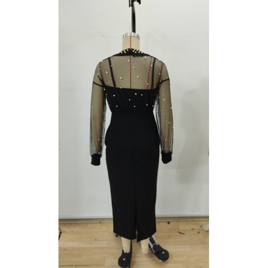 Kadın Uzun Kollu Halka Yaka Tül Inci Detaylı Uzun Ithal Krep Elbise , 30320