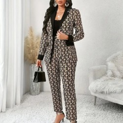 Kadın Uzun Kollu Yakalı Desenli Dalgıç Ceket Bluz Ve Pantolon üçlü Takım , 30319