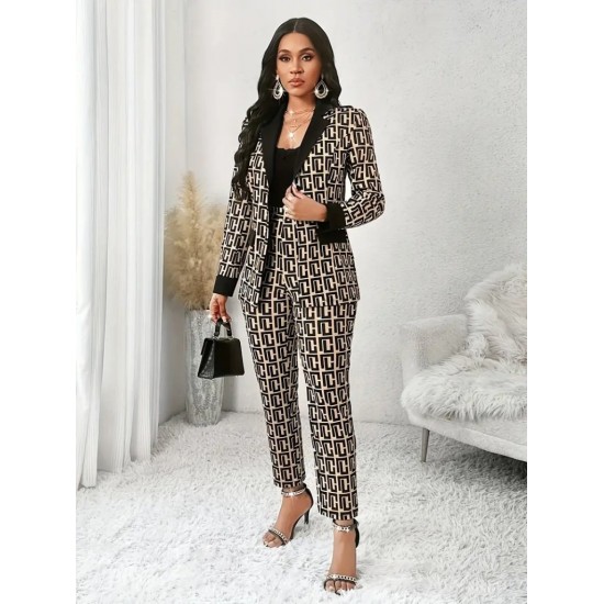 Kadın Uzun Kollu Yakalı Desenli Dalgıç Ceket Bluz Ve Pantolon üçlü Takım , 30319