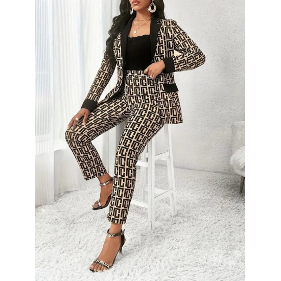 Kadın Uzun Kollu Yakalı Desenli Dalgıç Ceket Bluz Ve Pantolon üçlü Takım , 30319
