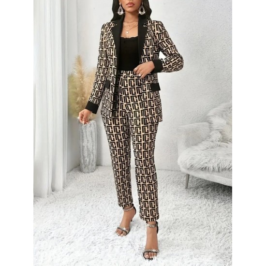 Kadın Uzun Kollu Yakalı Desenli Dalgıç Ceket Bluz Ve Pantolon üçlü Takım , 30319