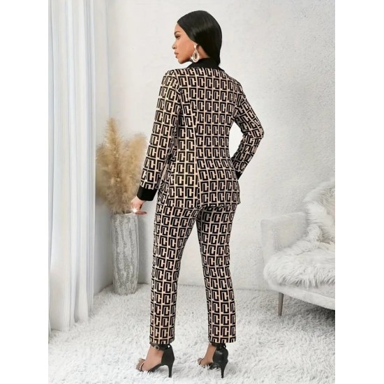 Kadın Uzun Kollu Yakalı Desenli Dalgıç Ceket Bluz Ve Pantolon üçlü Takım , 30319