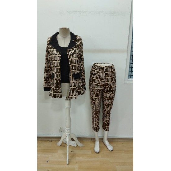 Kadın Uzun Kollu Yakalı Desenli Dalgıç Ceket Bluz Ve Pantolon üçlü Takım , 30319
