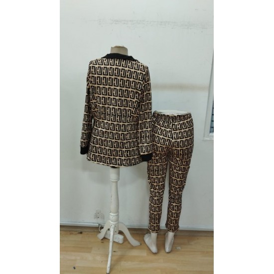 Kadın Uzun Kollu Yakalı Desenli Dalgıç Ceket Bluz Ve Pantolon üçlü Takım , 30319