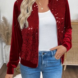 Kadın Uzun Kollu önü Açık Fermuarlı Pulpayetli Kadife Ceket, 30314