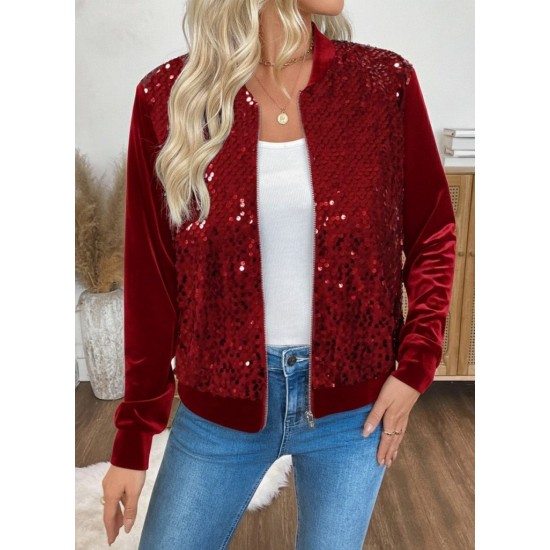 Kadın Uzun Kollu önü Açık Fermuarlı Pulpayetli Kadife Ceket, 30314