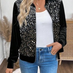 Kadın Uzun Kollu önü Açık Fermuarlı Pulpayetli Kadife Ceket , 30313