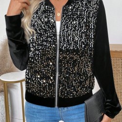 Kadın Uzun Kollu önü Açık Fermuarlı Pulpayetli Kadife Ceket , 30313