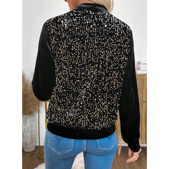 Kadın Uzun Kollu önü Açık Fermuarlı Pulpayetli Kadife Ceket , 30313