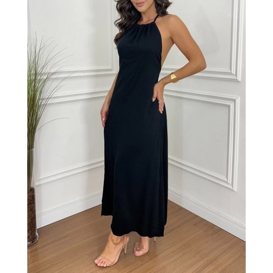 Kadın Boyundan Askılı Halter Kollu Viskon Elbise , 30310