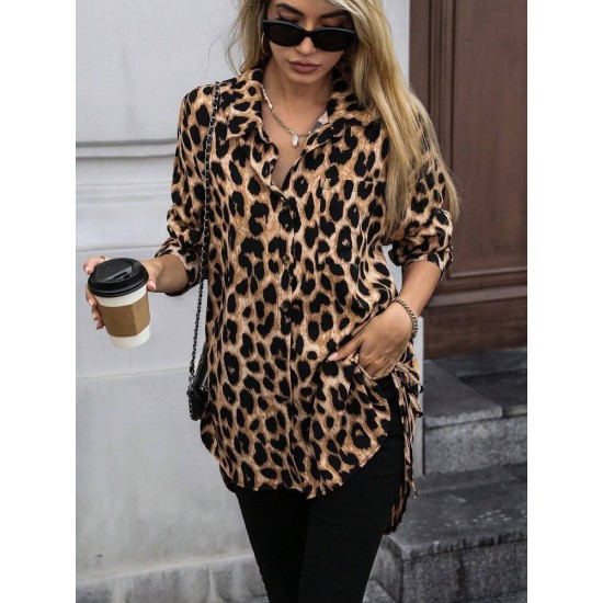Kadın Uzun Kollu Yakalı önden Düğmeli Yandan Bağcıklı Leopar Desenli Modal Bluz , 30331