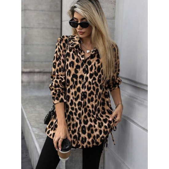 Kadın Uzun Kollu Yakalı önden Düğmeli Yandan Bağcıklı Leopar Desenli Modal Bluz , 30331