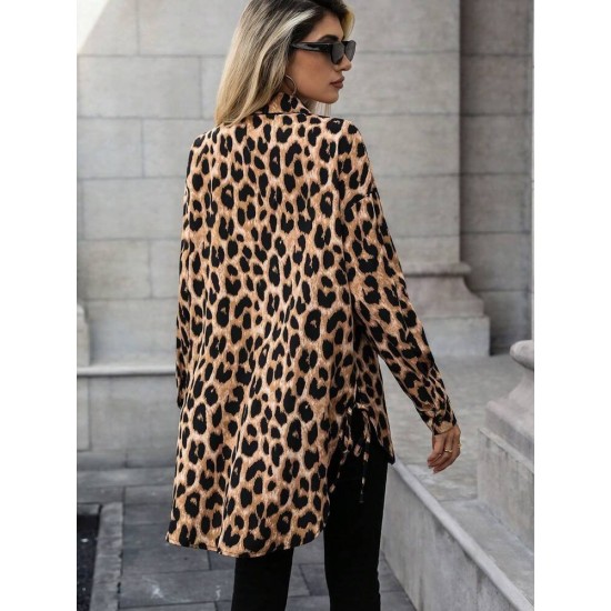 Kadın Uzun Kollu Yakalı önden Düğmeli Yandan Bağcıklı Leopar Desenli Modal Bluz , 30331