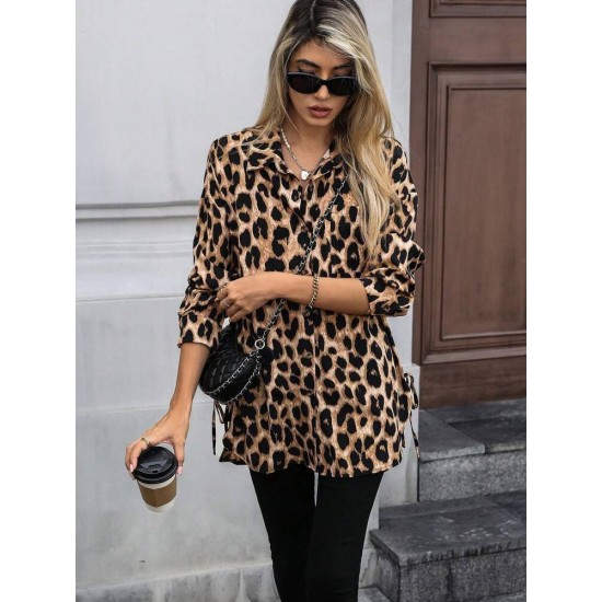 Kadın Uzun Kollu Yakalı önden Düğmeli Yandan Bağcıklı Leopar Desenli Modal Bluz , 30331