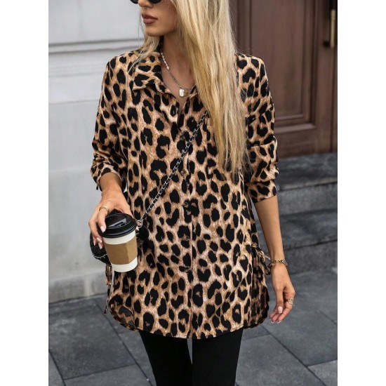 Kadın Uzun Kollu Yakalı önden Düğmeli Yandan Bağcıklı Leopar Desenli Modal Bluz , 30331