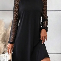 Kadın Uzun Kollu Yarı Balıkçı Yaka Pulpayetli Kolları Dantel Detaylı Mini Ithal Krep Elbise , 30330