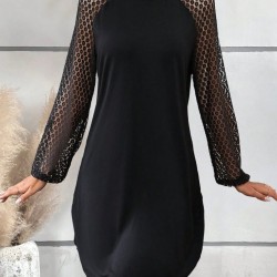 Kadın Uzun Kollu Yarı Balıkçı Yaka Pulpayetli Kolları Dantel Detaylı Mini Ithal Krep Elbise , 30330