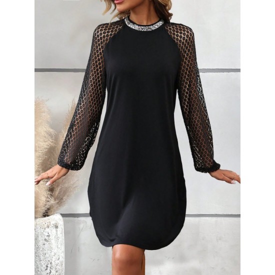 Kadın Uzun Kollu Yarı Balıkçı Yaka Pulpayetli Kolları Dantel Detaylı Mini Ithal Krep Elbise , 30330