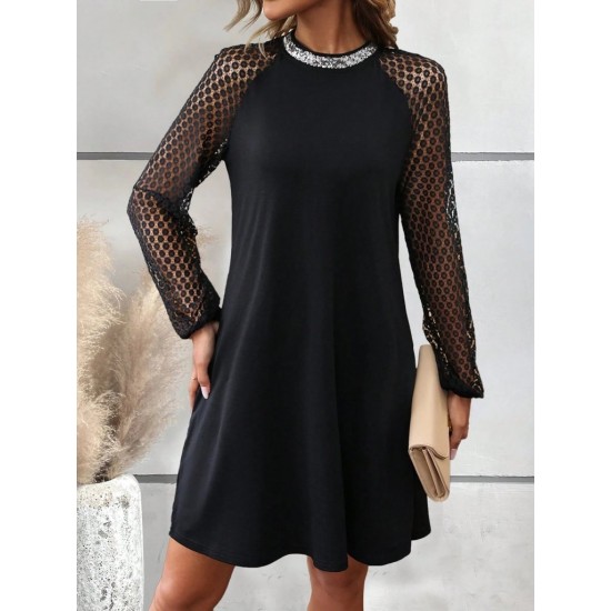 Kadın Uzun Kollu Yarı Balıkçı Yaka Pulpayetli Kolları Dantel Detaylı Mini Ithal Krep Elbise , 30330