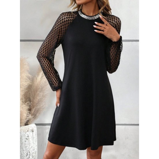 Kadın Uzun Kollu Yarı Balıkçı Yaka Pulpayetli Kolları Dantel Detaylı Mini Ithal Krep Elbise , 30330