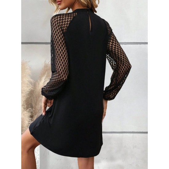 Kadın Uzun Kollu Yarı Balıkçı Yaka Pulpayetli Kolları Dantel Detaylı Mini Ithal Krep Elbise , 30330