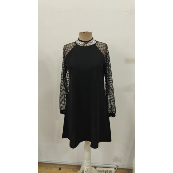 Kadın Uzun Kollu Yarı Balıkçı Yaka Pulpayetli Kolları Dantel Detaylı Mini Ithal Krep Elbise , 30330