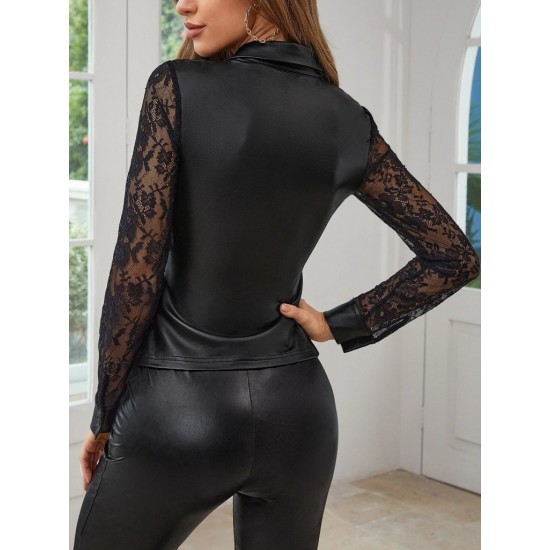 Kadın Uzun Kollu Yakalı önden Düğmeli Dantelli Deri Gömlek , 30329 Kadın Uzun Kollu Yakalı önden Düğmeli Dantelli Deri Gömlek , 30329