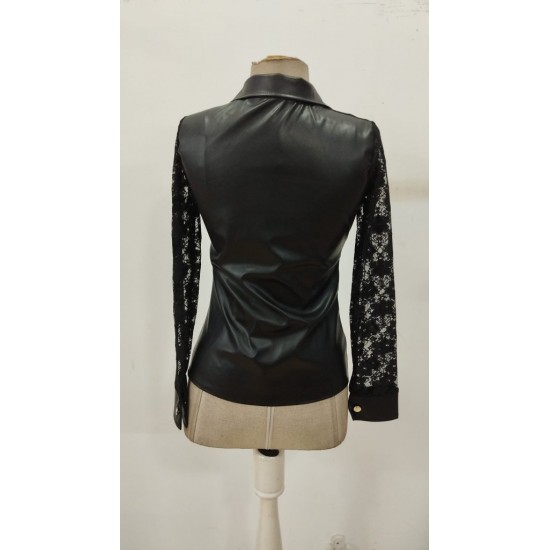 Kadın Uzun Kollu Yakalı önden Düğmeli Dantelli Deri Gömlek , 30329 Kadın Uzun Kollu Yakalı önden Düğmeli Dantelli Deri Gömlek , 30329