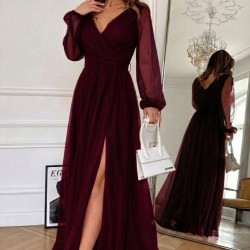 Kadın Uzun Kollu Kruvaze Yakalı Belden Kuşaklı Tüllü Uzun Ithal Krep Elbise, 30327