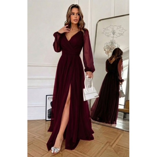 Kadın Uzun Kollu Kruvaze Yakalı Belden Kuşaklı Tüllü Uzun Ithal Krep Elbise, 30327