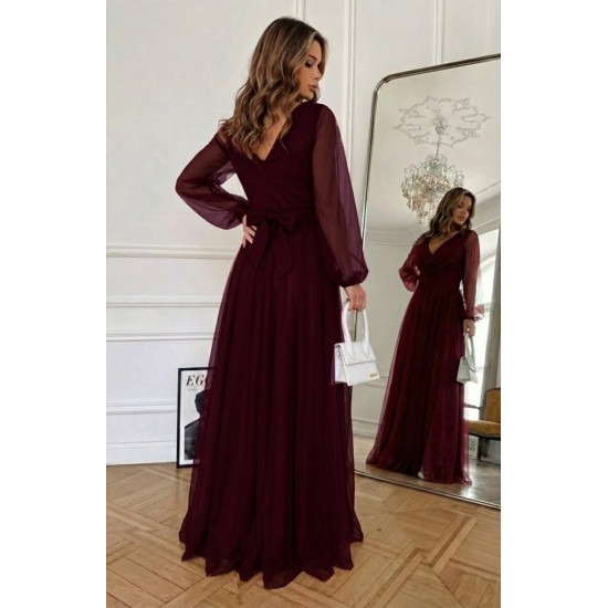 Kadın Uzun Kollu Kruvaze Yakalı Belden Kuşaklı Tüllü Uzun Ithal Krep Elbise, 30327