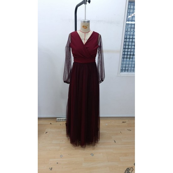 Kadın Uzun Kollu Kruvaze Yakalı Belden Kuşaklı Tüllü Uzun Ithal Krep Elbise, 30327