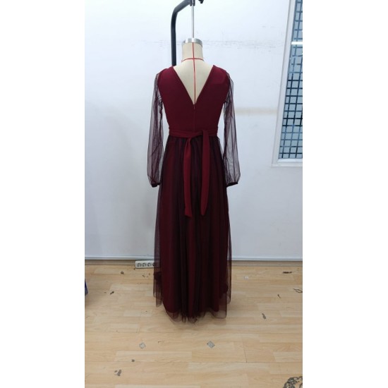 Kadın Uzun Kollu Kruvaze Yakalı Belden Kuşaklı Tüllü Uzun Ithal Krep Elbise, 30327