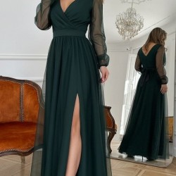 Kadın Uzun Kollu Kruvaze Yakalı Belden Kuşaklı Tüllü Uzun Ithal Krep Elbise, 30326