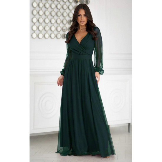 Kadın Uzun Kollu Kruvaze Yakalı Belden Kuşaklı Tüllü Uzun Ithal Krep Elbise, 30326