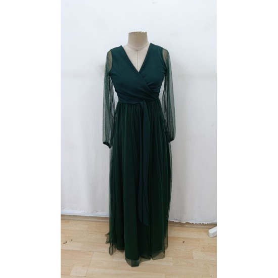 Kadın Uzun Kollu Kruvaze Yakalı Belden Kuşaklı Tüllü Uzun Ithal Krep Elbise, 30326