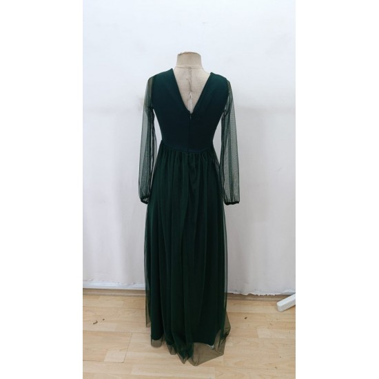 Kadın Uzun Kollu Kruvaze Yakalı Belden Kuşaklı Tüllü Uzun Ithal Krep Elbise, 30326