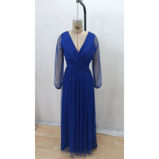 Kadın Uzun Kollu Kruvaze Yakalı Belden Kuşaklı Tüllü Uzun Ithal Krep Elbise , 30323