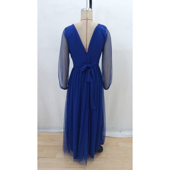 Kadın Uzun Kollu Kruvaze Yakalı Belden Kuşaklı Tüllü Uzun Ithal Krep Elbise , 30323