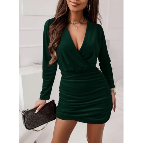 Kadın Uzun Kollu Kruvaze Yaka Yandan Büzgülü Mini Ithal Krep Elbise, 30334