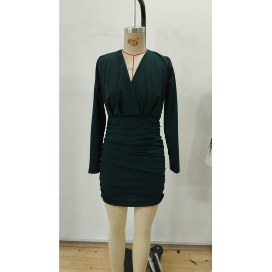 Kadın Uzun Kollu Kruvaze Yaka Yandan Büzgülü Mini Ithal Krep Elbise, 30334