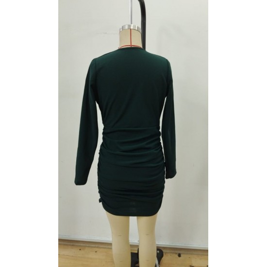 Kadın Uzun Kollu Kruvaze Yaka Yandan Büzgülü Mini Ithal Krep Elbise, 30334